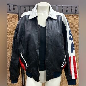 Vintage Michael Hoban WhereMI USA Flag Leather Jacket 90s Statement Coat L